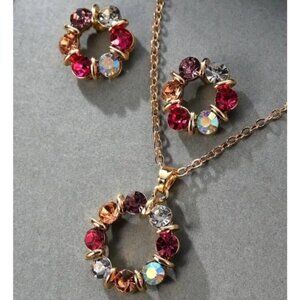 Gold Tone Necklace Earrings (2 Piece Set) Crystal Pendant Stunning Fashion NWT